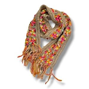 Nirvanna Designs Multicolored Floral Crocheted Wool Tasseled Scarf - OS